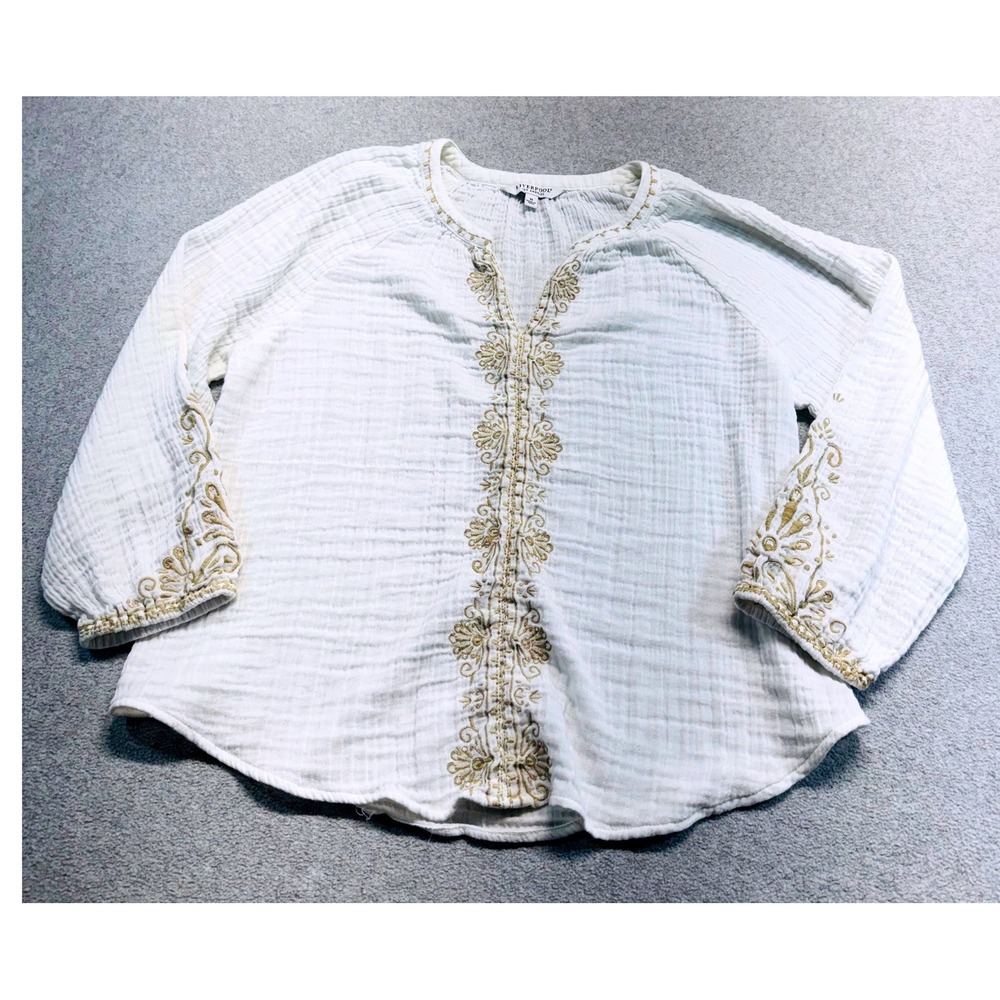 Liverpool Los Angeles Top Womens M White Tan Embroidered Cotton Gauze Boho Flowy